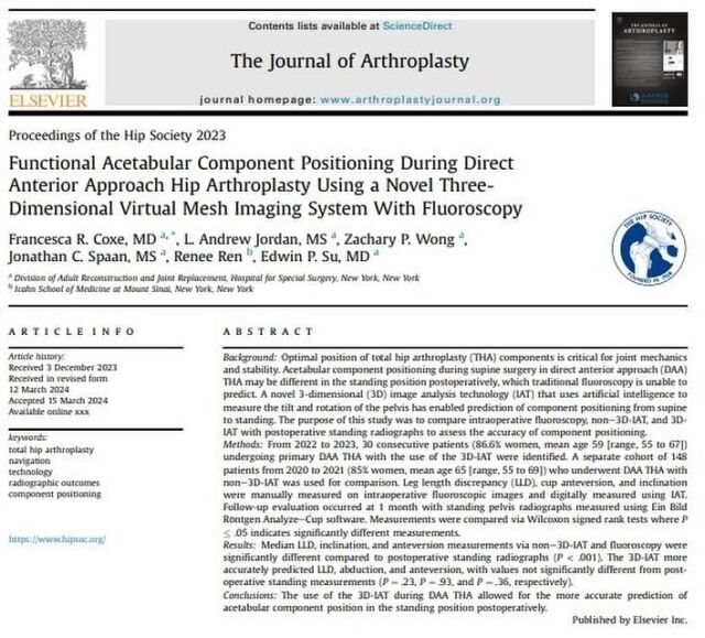 Excited to share the latest research on #Radlink3D authored by Dr. Edwin Su @edwinsumd et al published in @jarthroplasty @hipsockneesoc 
 
Conclusions: “Radlink, Inc. uses Artificial Intelligence (#AI) to calculate anteversion and inclination of the acetabular component data over intraoperative fluoroscopic images in real time. The use of the 3D-IAT during DAA THA allowed for the more accurate prediction of acetabular component position in the standing position postoperatively.”
 
Radlink technology is setting the standard of care for achieving functional component positioning in THA by accounting for #spinopelvic angles and dynamic pelvic motion during surgery. The technology’s ability to accurately predict leg length discrepancy, inclination, and anteversion marks a significant advancement in orthopedic surgery. Read the full study here: https://lnkd.in/gNT9tkfB
 
#orthopedicsurgery #orthopedics #clinicalresearch #hipsurgery #orthopedicsurgeon #research #data #surgery #3d #3Dimaging #innovation #healthcare #AIfortheOR